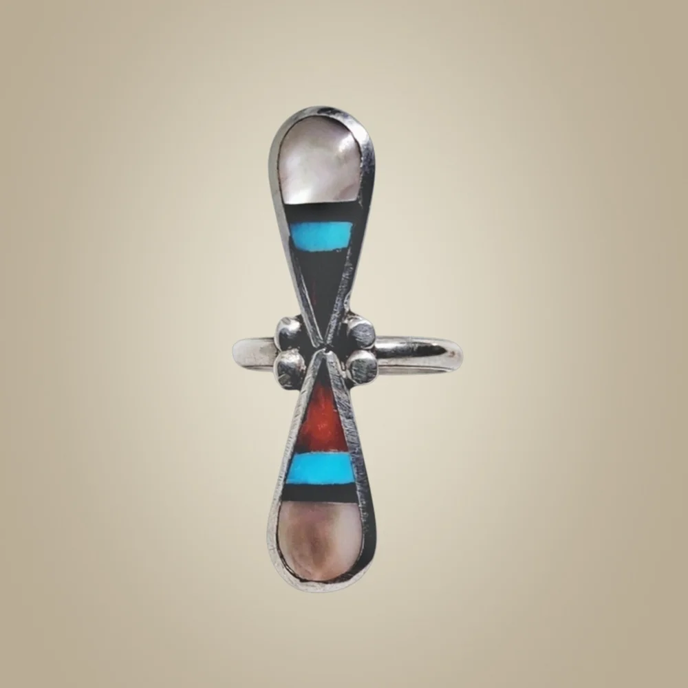 Zuni Sterling Silver Inlay Ring w/MOP, Coral, Turquoise & Onyx – Size 5.25